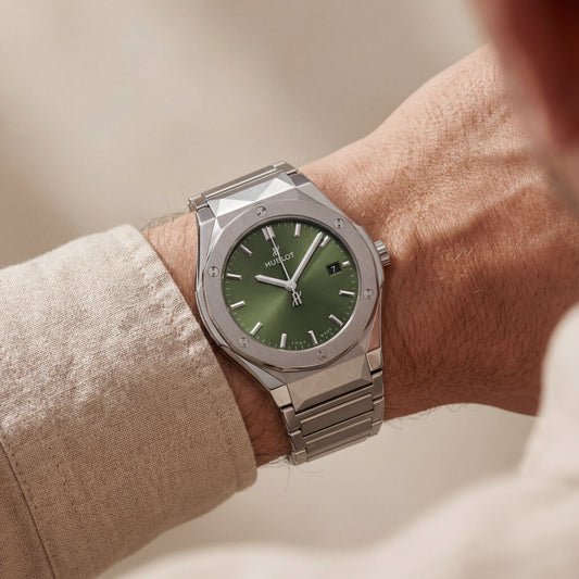 Silver Steel Green Sunburst Dial Luxury Men’s Watch