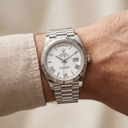 Classic White Dial Fluted Steel Day-Date Watch