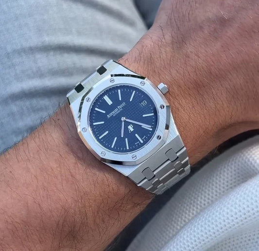 Premium Silver Stainless Steel Automatic Watch Blue Textured Dial Octagonal Bezel Luxury Watch – Men