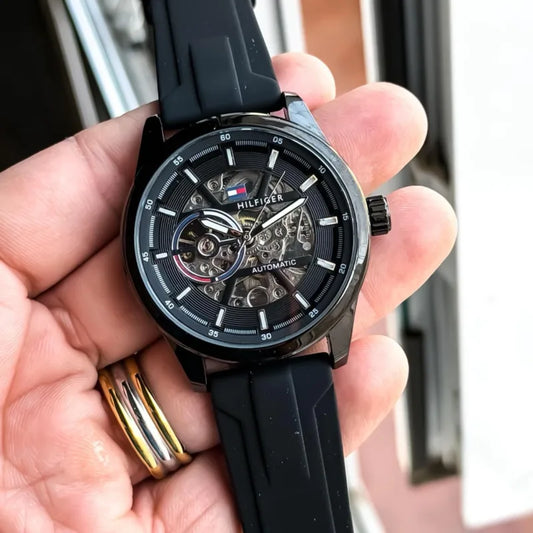 Premium Black Stainless Steel Automatic Skeleton Watch Black Dial Black Silicone Strap Sport Luxury Watch – Men