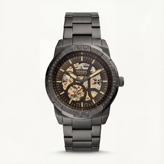 Black Skeleton Automatic Watch with Stainless Steel Bracelet