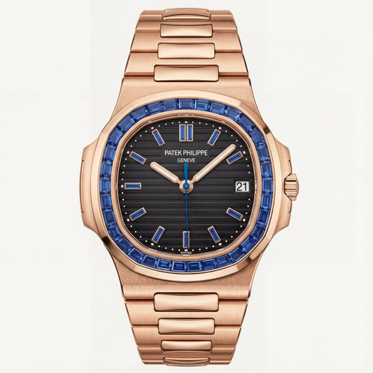 Rose Gold Stainless Steel Watch with Blue Gem Bezel & Black Dial