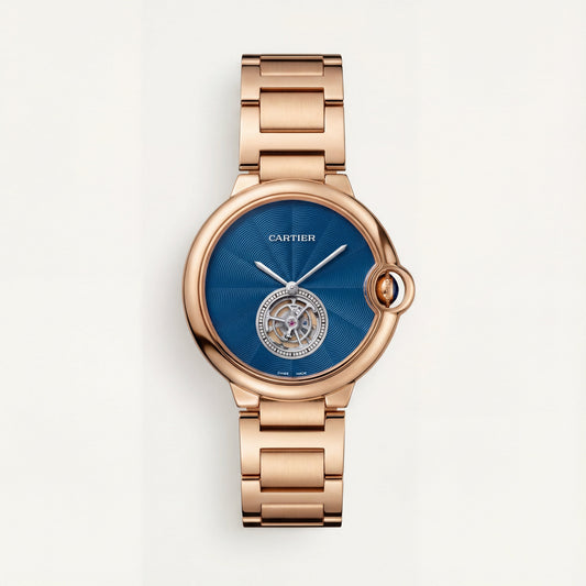 Rose Gold Open Heart Luxury Watch with Blue Textured Dial