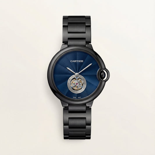 Black Open Heart Luxury Watch with Deep Blue Textured Dial
