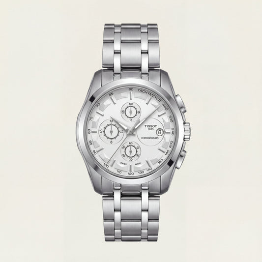 Premium Silver Chronograph Watch with White Dial & Steel Bracelet
