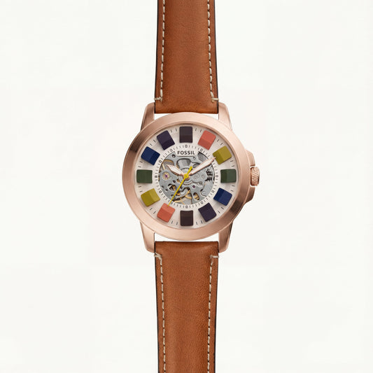 Rose Gold Skeleton Dial Brown Leather Strap Men’s Watch