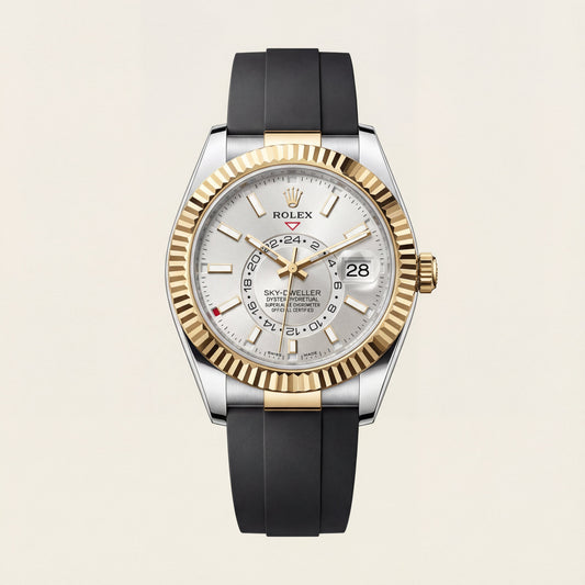 Dual-Tone Gold Fluted Bezel White Dial Luxury Men’s Watch with Rubber Strap