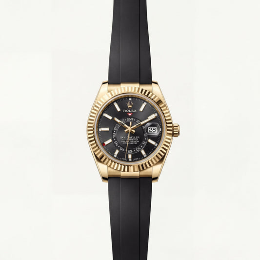 Black Dial Gold Fluted Bezel Luxury Men’s Watch with Rubber Strap
