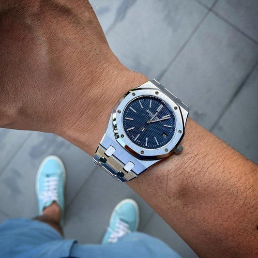 Premium Silver Stainless Steel Automatic Watch Blue Textured Dial Octagonal Bezel Luxury Watch – Men