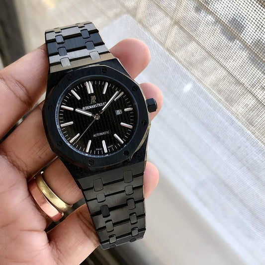 Premium Black Stainless Steel Automatic Watch Black Textured Dial Integrated Bracelet Luxury Watch – Men