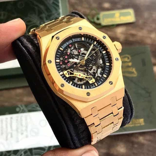 Premium Gold Stainless Steel Skeleton Automatic Watch Open-Work Dial Octagonal Bezel Luxury Watch – Men