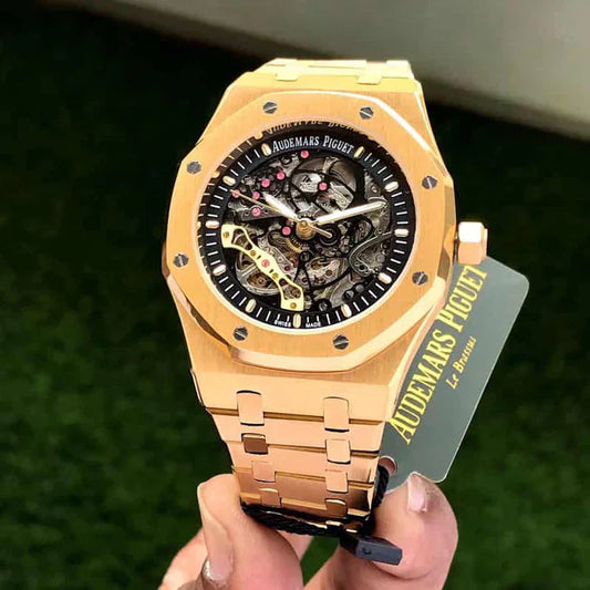 Premium Gold Stainless Steel Skeleton Automatic Watch Open-Work Dial Octagonal Bezel Luxury Watch – Men