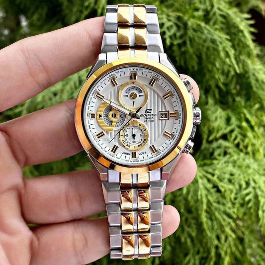 Premium Two Tone Stainless Steel Multifunction Watch White Textured Dial Date Display Sport Luxury Watch – Men