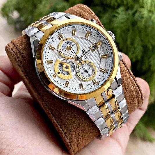 Premium Two Tone Stainless Steel Multifunction Watch White Textured Dial Date Display Sport Luxury Watch – Men