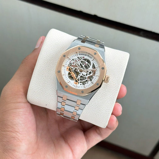 Premium Two-Tone Stainless Steel Skeleton Automatic Watch Silver & Rose Gold Open-Work Dial Luxury Watch – Men