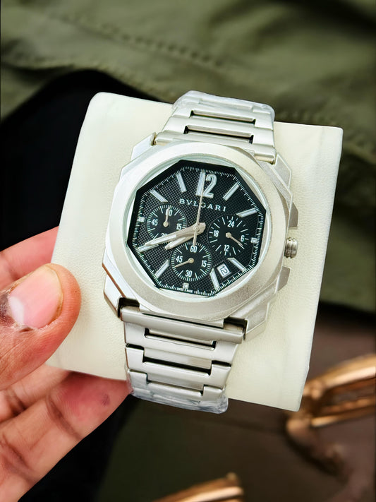 Premium Silver Chronograph Luxury Watch Black Textured Dial Octagonal Case Stainless Steel Bracelet Signature Luxury Watch – Men