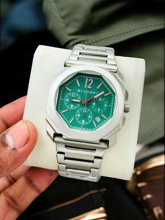 Premium Silver Chronograph Luxury Watch Green Textured Dial Octagonal Case Stainless Steel Bracelet Signature Luxury Watch – Men