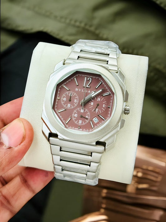 Premium Silver Chronograph Luxury Watch Rose Pink Textured Dial Octagonal Case Stainless Steel Bracelet Signature Luxury Watch – Men