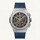 Skeleton Chronograph Watch – Grey Steel Case with Blue Strap