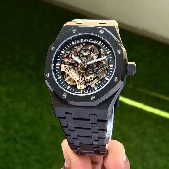 Premium Black Stainless Steel Skeleton Automatic Watch Open-Work Dial Octagonal Bezel Luxury Watch – Men
