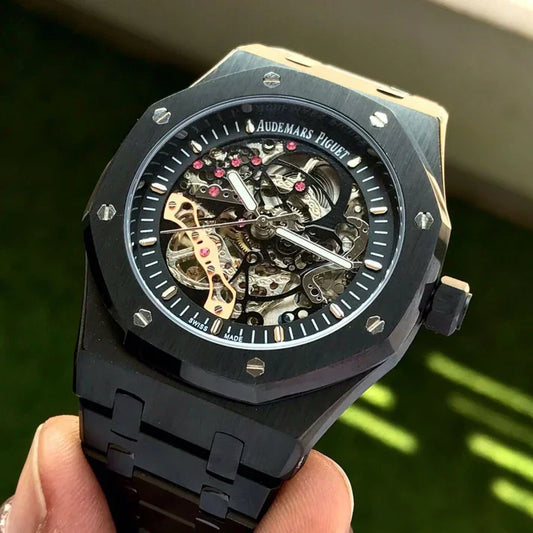 Premium Black Stainless Steel Skeleton Automatic Watch Open-Work Dial Octagonal Bezel Luxury Watch – Men