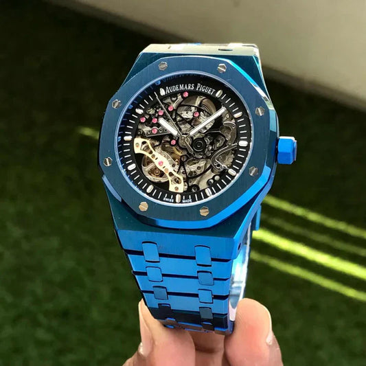 Premium Blue Stainless Steel Skeleton Automatic Watch Open-Work Dial Octagonal Bezel Luxury Watch – Men