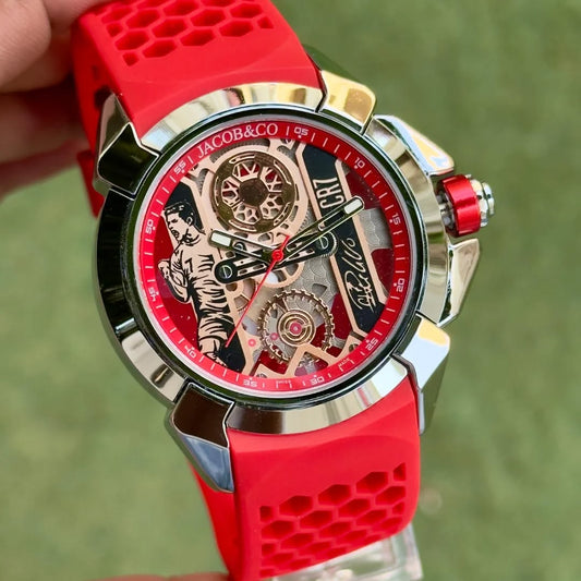 Premium Silver Skeleton Racing Sport Watch Red Silicone Strap Luxury Racing Style Statement Watch – Men