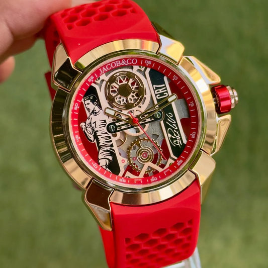Premium Gold Stainless Steel Skeleton Sport Watch Red Silicone Strap Racing Style Luxury Watch – Men