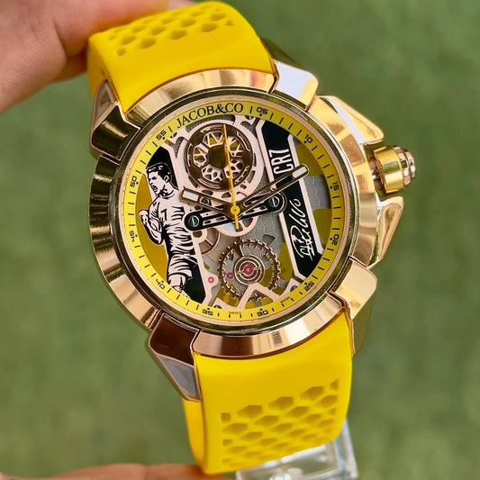 Premium Gold Stainless Steel Skeleton Sport Watch Yellow Silicone Strap Racing Style Luxury Watch – Men