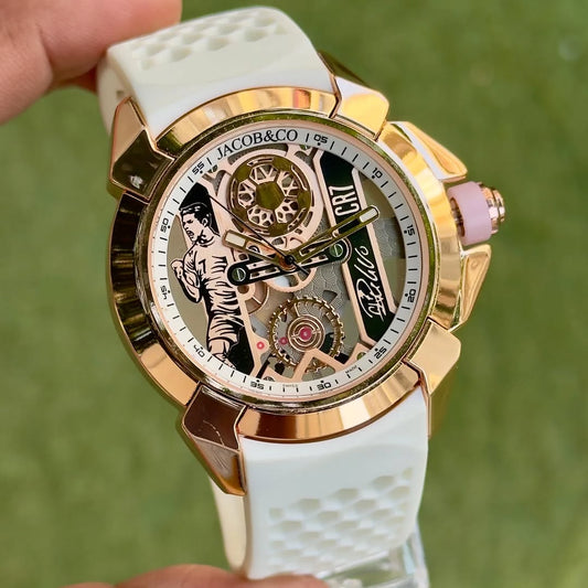 Premium Gold Skeleton Racing Sport Watch White Silicone Strap Luxury Statement Watch – Men