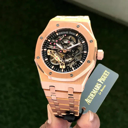 Premium Rose Gold Stainless Steel Skeleton Automatic Watch Open-Work Dial Octagonal Bezel Luxury Watch – Men
