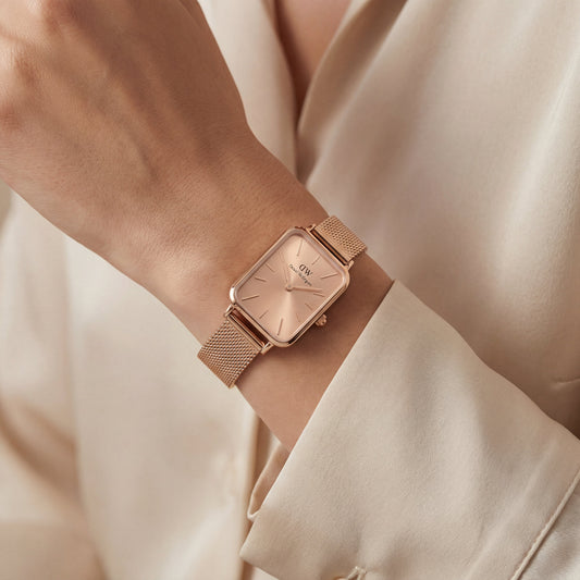 Rose Gold Rectangular Champagne Sunray Dial Mesh Strap Watch