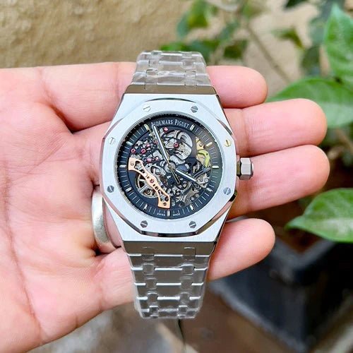 Premium Silver Stainless Steel Skeleton Automatic Watch Open-Work Dial Octagonal Bezel Luxury Watch – Men