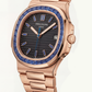 Rose Gold Stainless Steel Watch with Blue Gem Bezel & Black Dial
