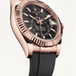 Rose Gold Black Dial Fluted Bezel Premium Men’s Watch with Rubber Strap