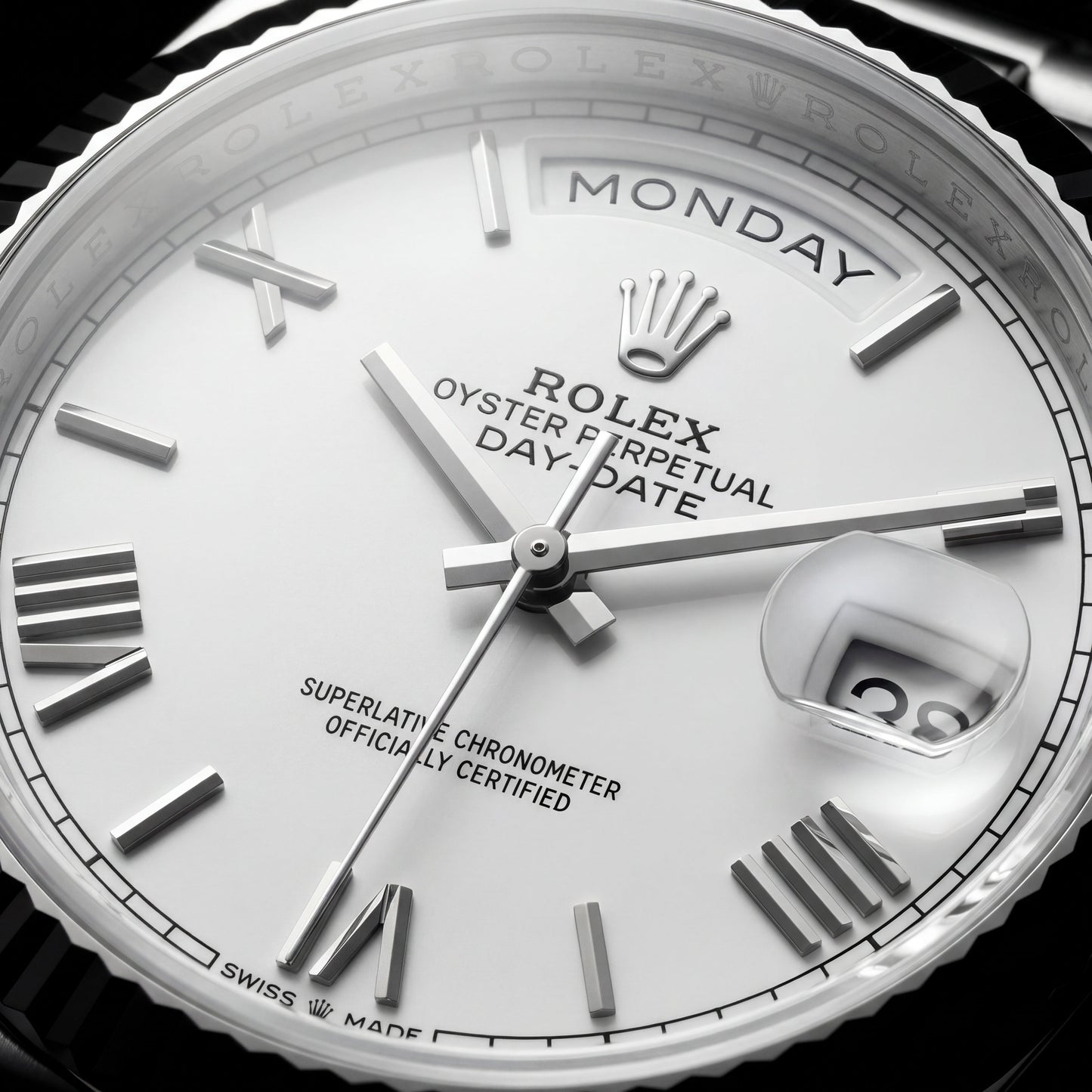 Classic White Dial Fluted Steel Day-Date Watch