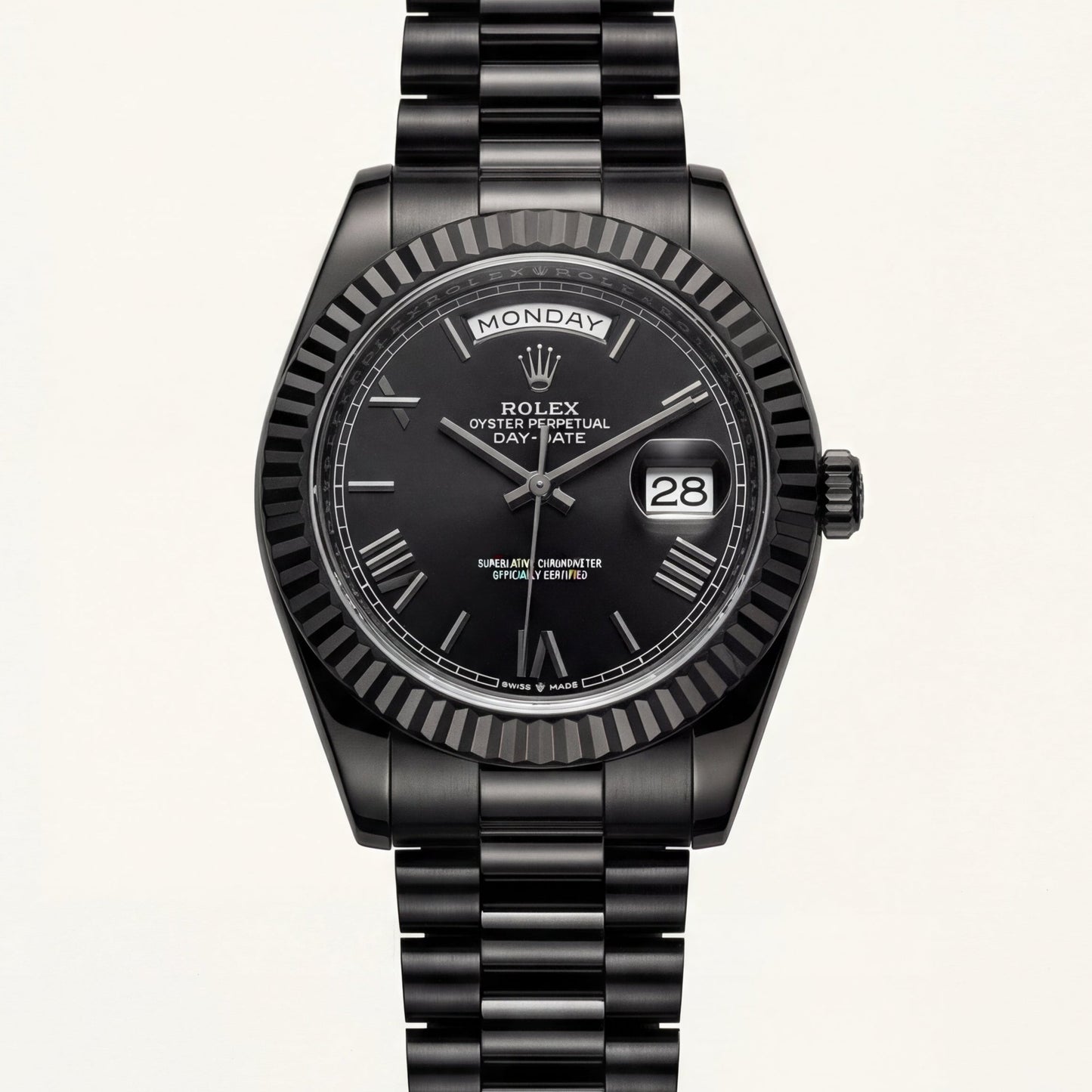 Midnight Black Fluted Bezel Day-Date Steel Watch