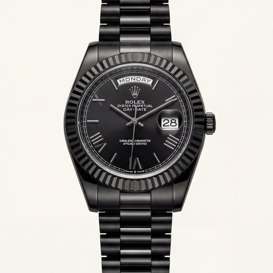 Midnight Black Fluted Bezel Day-Date Steel Watch