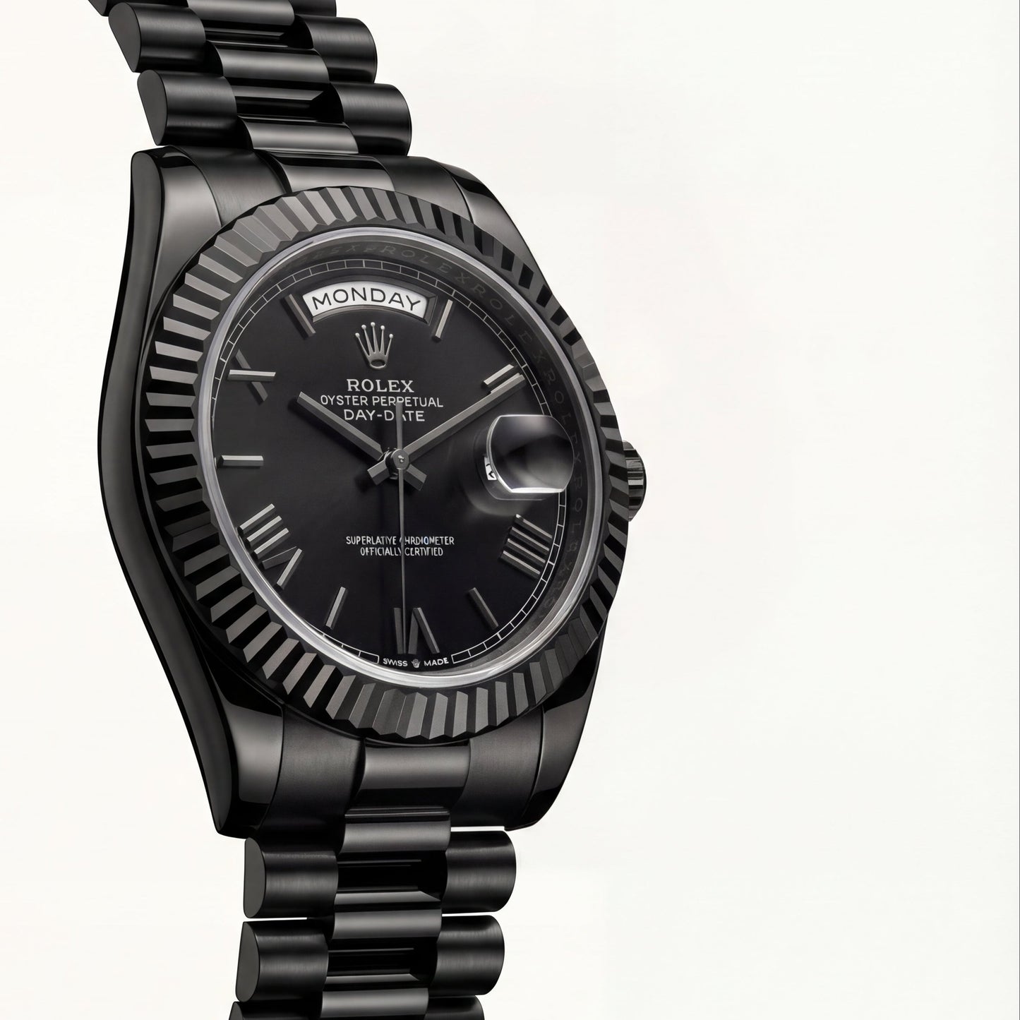 Midnight Black Fluted Bezel Day-Date Steel Watch