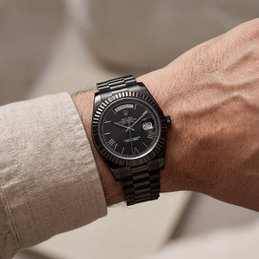 Midnight Black Fluted Bezel Day-Date Steel Watch