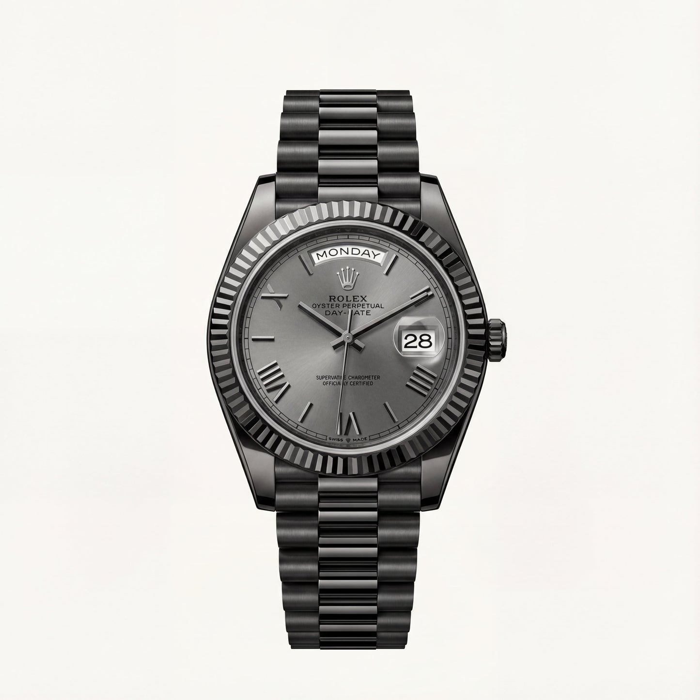Slate Grey Fluted Bezel Day-Date Steel Watch