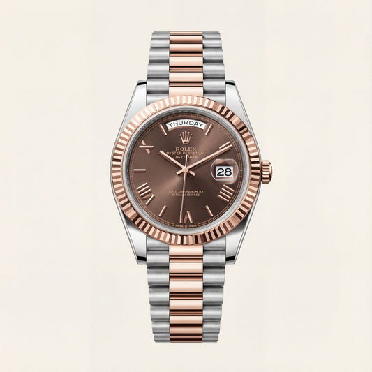 Chocolate Brown Fluted Bezel Day-Date Steel Watch