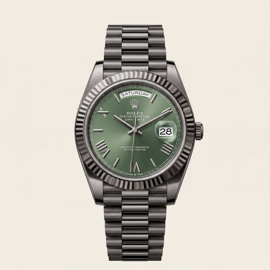 Forest Green Fluted Bezel Day-Date Steel Watch
