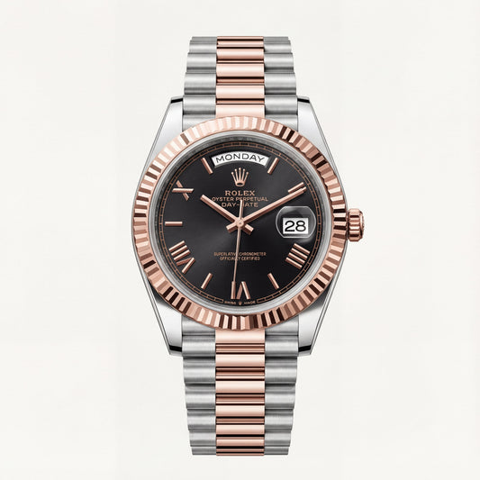 Obsidian Black Fluted Bezel Day-Date Steel Watch