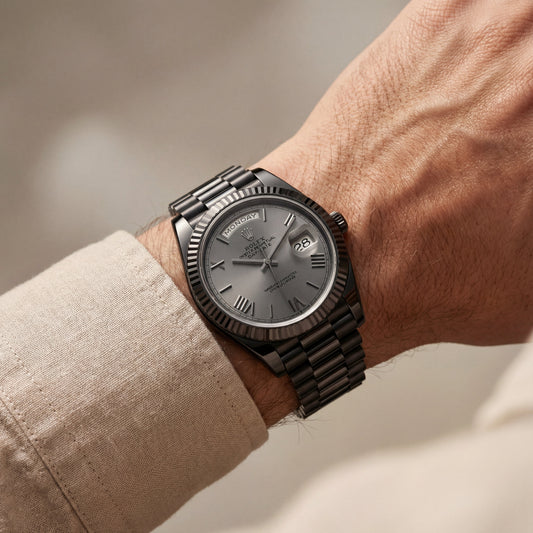 Slate Grey Fluted Bezel Day-Date Steel Watch