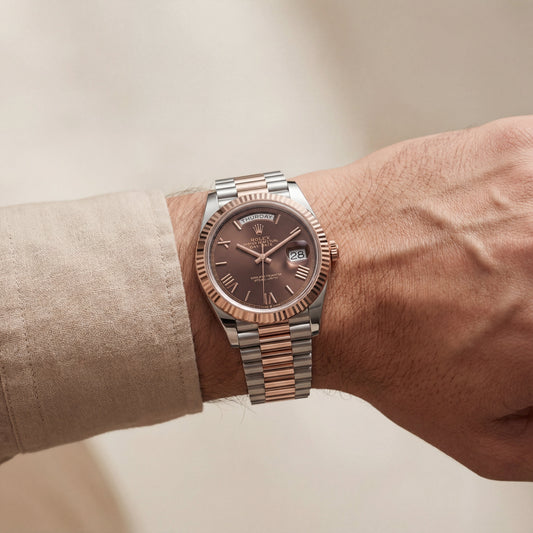 Chocolate Brown Fluted Bezel Day-Date Steel Watch