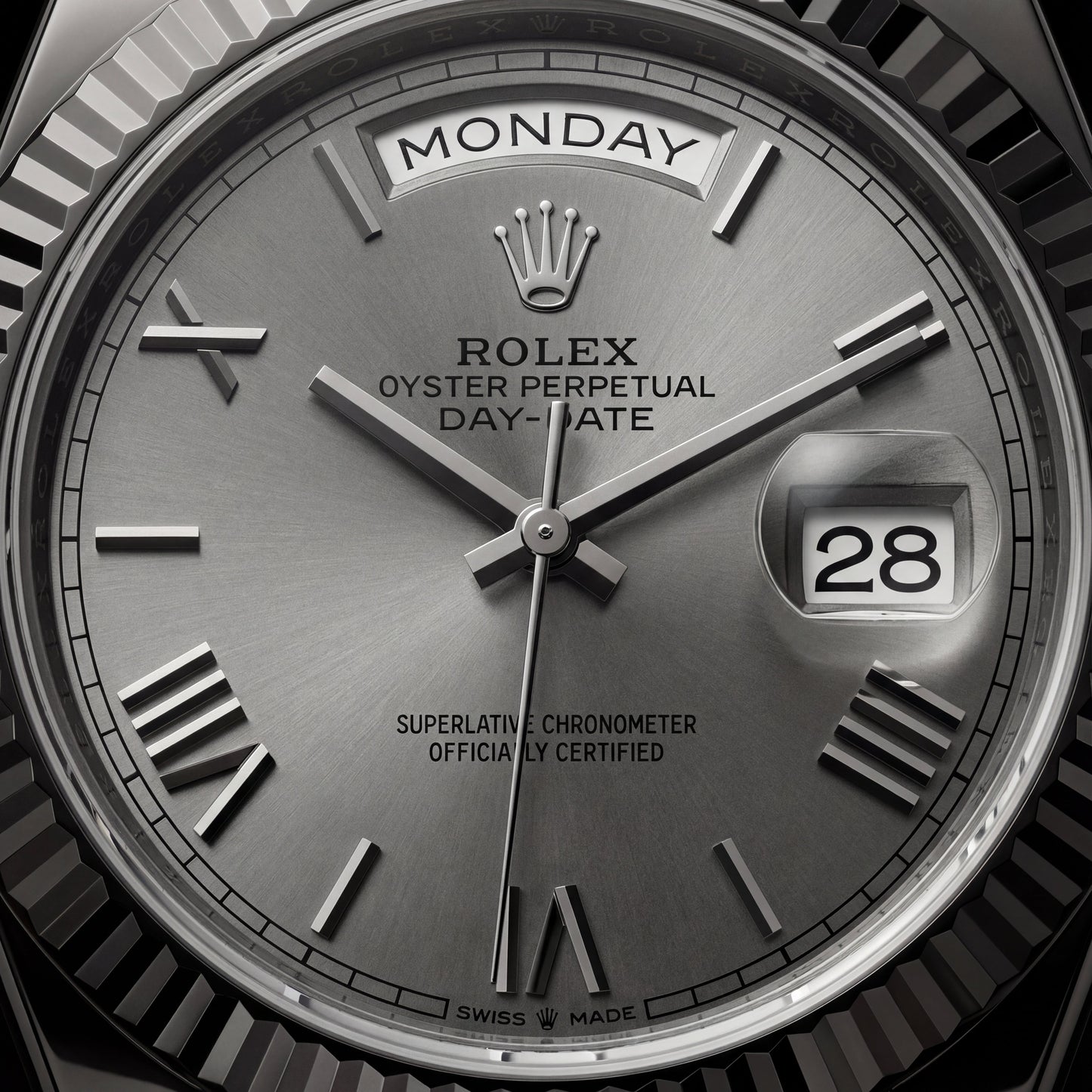 Slate Grey Fluted Bezel Day-Date Steel Watch