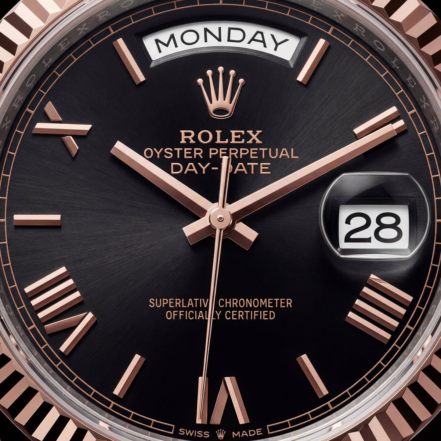 Obsidian Black Fluted Bezel Day-Date Steel Watch