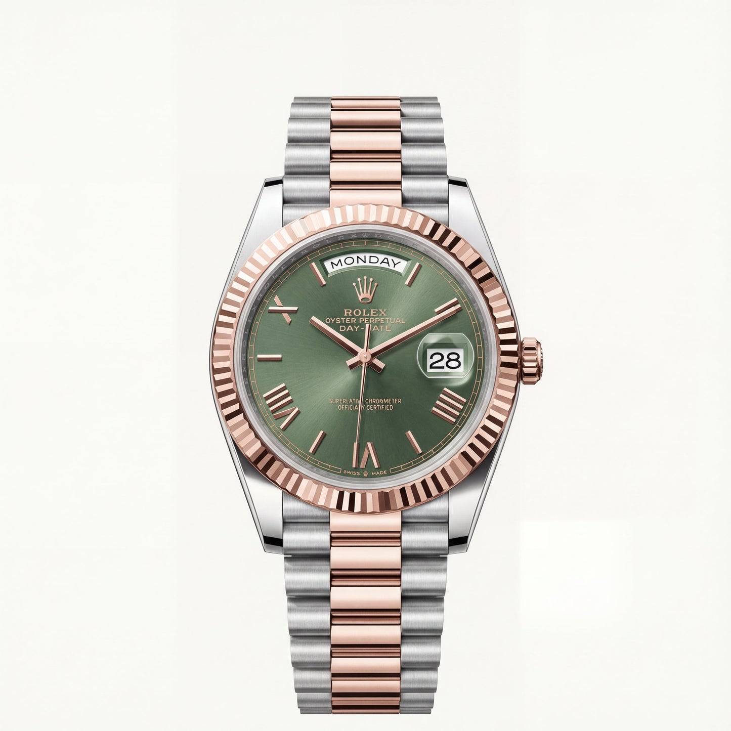 Olive Green Fluted Bezel Day-Date Steel Watch