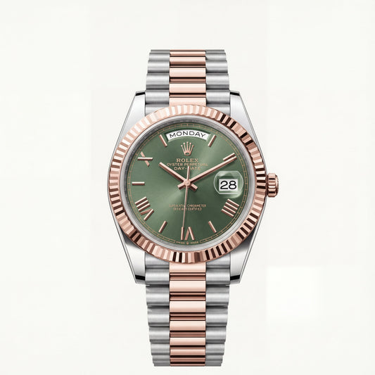 Olive Green Fluted Bezel Day-Date Steel Watch